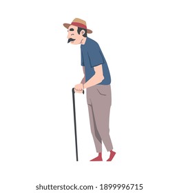 Senior Man Walking mit Cane, fröhliche aktive, müde ältere Mann Charaktere Cartoon Stil Vektorgrafik