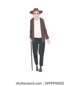 Senior Man with Walking Cane, Cheerful Active Pensioner, Elderly Man Character Cartoon Style Vector Illustration