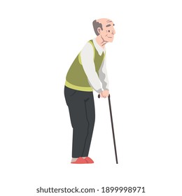 Senior Man Walking with Cane, Cheerful Pensioner Character Cartoon Style Vector Illustration on White Background