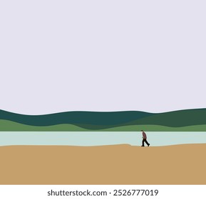 Senior man with walking cane walk near lake on mountain view. Minimal nature art design. Retire relaxation outdoor.