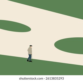 Senior man with walking cane walk on abstract modern city street. Outdoor lifestyle. Minimal design. 
