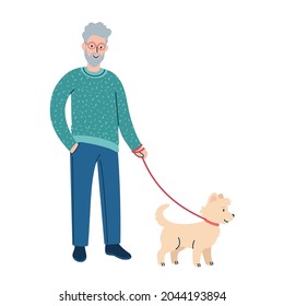 Senior man walking a dog. flat style vector illustration isolated on white.