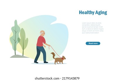 Senior man walking with dog at park outdoor. Healthy aging, elderly care and wellness concept.