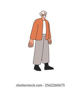 Senior man walking. Elderly male character, old person in casual outfit strolling outdoors. Retired citizen, elder aged pedestrian going. Flat vector illustration isolated on white background