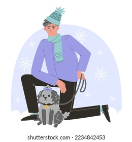 Senior man walking his dog n winter