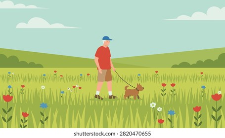 Senior man walking his small brown dog through a green field with colorful wildflowers.