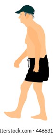 Senior man walking on the beach in swimwear vector illustration. Old person on the beach. Active life.