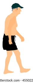 Senior man walking on the beach in swimwear vector illustration. Old person by the sea. Active life. Mature sunbathing. Healthy man enjoy in summer day. 