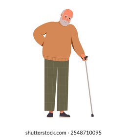 Senior man with walking stick or cane hand drawn vector cartoon flat  illustration on white. Elderly health care concept. Senior retirement. Old people with disabilities moving with supporting tools