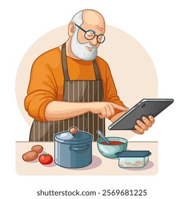 Senior man wearing apron using tablet preparing vegetable soup in kitchen. Pensioner searching recipes, ordering food online, watching cooking videos preparing healthy food at home. Vector illustratio