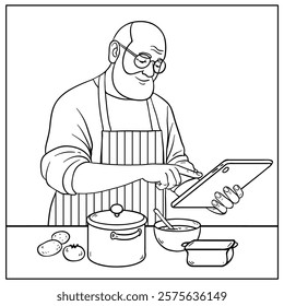 Senior man wearing apron using tablet preparing vegetable soup in kitchen. Pensioner searching recipes, ordering food online, watching cooking videos preparing healthy food at home. Outline vector ill