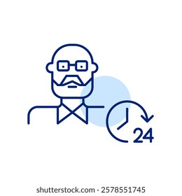 Senior man wearing glasses and 24 hours clock. Endless caregiving, nursery home or family care. Pixel perfect, editable stroke icon