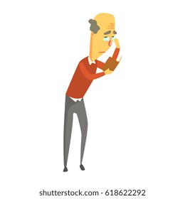 Senior man wearing glasses standing and reading a book. Colorful cartoon character