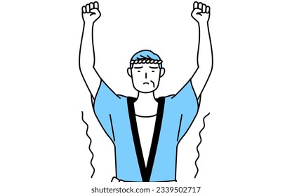 Senior man wearing Happi coat for summer festivals stretching and standing tall, Vector Illustration