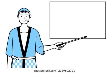 Senior man wearing Happi coat for summer festivals pointing at a whiteboard with an indicator stick, Vector Illustration