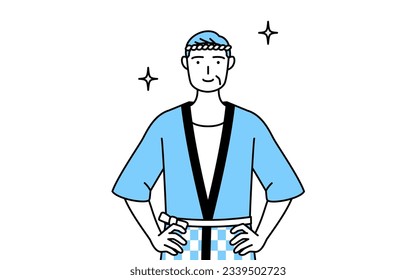 Senior man wearing Happi coat for summer festivals with his hands on his hips, Vector Illustration