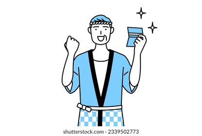 Senior man wearing Happi coat for summer festivals who is pleased to see a bankbook, Vector Illustration