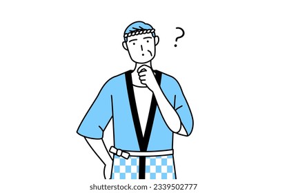 Senior man wearing Happi coat for summer festivals nodding his head in question, Vector Illustration