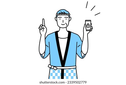 Senior man wearing Happi coat for summer festivals taking security measures for his phone, Vector Illustration