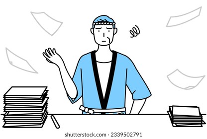 Senior man wearing Happi coat for summer festivals who is fed up with his unorganized business, Vector Illustration