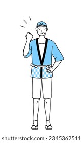 Senior man wearing Happi coat for summer festivals posing with guts, Vector Illustration