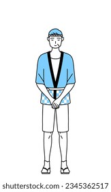 Senior man wearing Happi coat for summer festivals bowing with folded hands, Vector Illustration