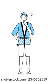 Senior man wearing Happi coat for summer festivals nodding his head in question, Vector Illustration