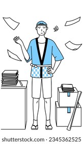 Senior man wearing Happi coat for summer festivals who is fed up with his unorganized business, Vector Illustration