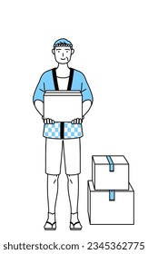Senior man wearing Happi coat for summer festivals working to carry cardboard boxes, Vector Illustration