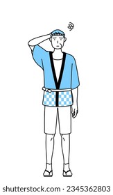 Senior man wearing Happi coat for summer festivals scratching his head in distress, Vector Illustration