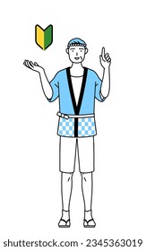 Senior man wearing Happi coat for summer festivals showing the symbol for young leaves, Vector Illustration