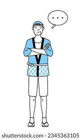 Senior man wearing Happi coat for summer festivals with crossed arms, deep in thought, Vector Illustration