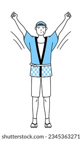 Senior man wearing Happi coat for summer festivals doing radio calisthenics, preparation for accident prevention, Vector Illustration