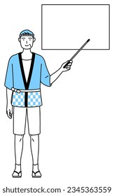 Senior man wearing Happi coat for summer festivals pointing at a whiteboard with an indicator stick, Vector Illustration