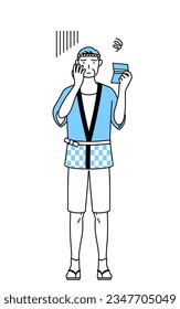 Senior man wearing Happi coat for summer festivals looking at his bankbook and feeling depressed, Vector Illustration