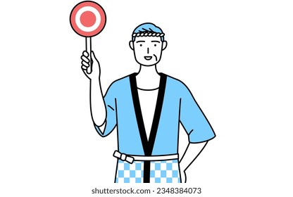 Senior man wearing Happi coat for summer festivals holding a maru placard that shows the correct answer, Vector Illustration