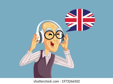 Senior Man Wearing Headphones Learning English language. Old, retired grandpa exercising memory and communication skills by studying a new foreign language 
