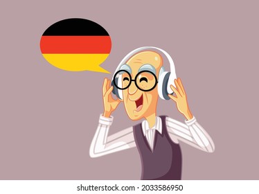 
Senior Man Wearing Headphones Learning German Language. Old, retired grandpa exercising memory and communication skills by studying a new foreign language 
