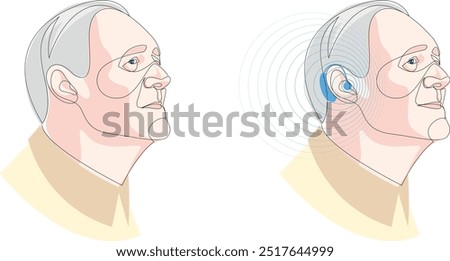 Senior man wearing hearing aid and hears well. Otolaryngology treatment concept. One line drawing of healthcare device, medicine technology. Vector illustration.