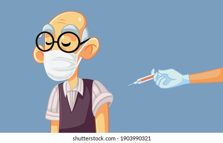 Senior Man Wearing Medical Mask Getting a Vaccine. Elderly adult person obtaining anti viral immunization trough vaccination 
