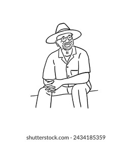 Hombre mayor usando sombrero de Panamá cara sonriente Personas jubiladas estilo de vida Arte de línea dibujada a mano Ilustración