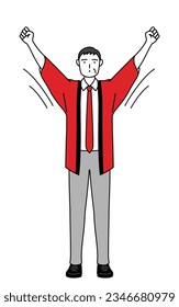 Senior man wearing a red happi coat doing radio calisthenics, preparation for accident prevention, Vector Illustration