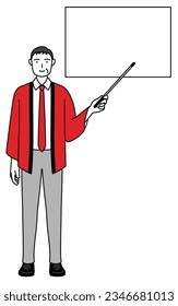 Senior man wearing a red happi coat pointing at a whiteboard with an indicator stick, Vector Illustration
