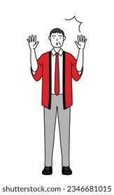 Senior man wearing a red happi coat raising his hand in surprise, Vector Illustration