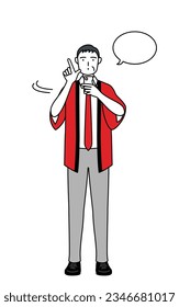 Senior man wearing a red happi coat operating a smartphone, Vector Illustration