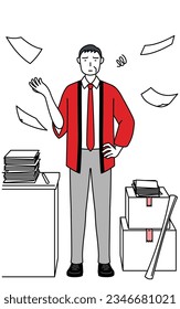 Senior man wearing a red happi coat who is fed up with his unorganized business, Vector Illustration