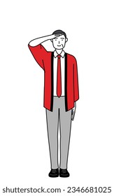 Senior man wearing a red happi coat making a salute, Vector Illustration