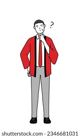 Senior man wearing a red happi coat nodding his head in question, Vector Illustration