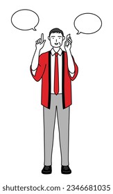 Senior man wearing a red happi coat pointing while on the phone, Vector Illustration