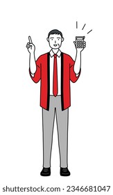 Senior man wearing a red happi coat holding a calculator and pointing, Vector Illustration